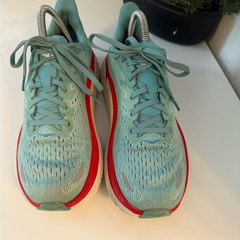 Hoka women size 8 Clifton 8 Teal and Coral Running Shoes - Picture 3 of 9